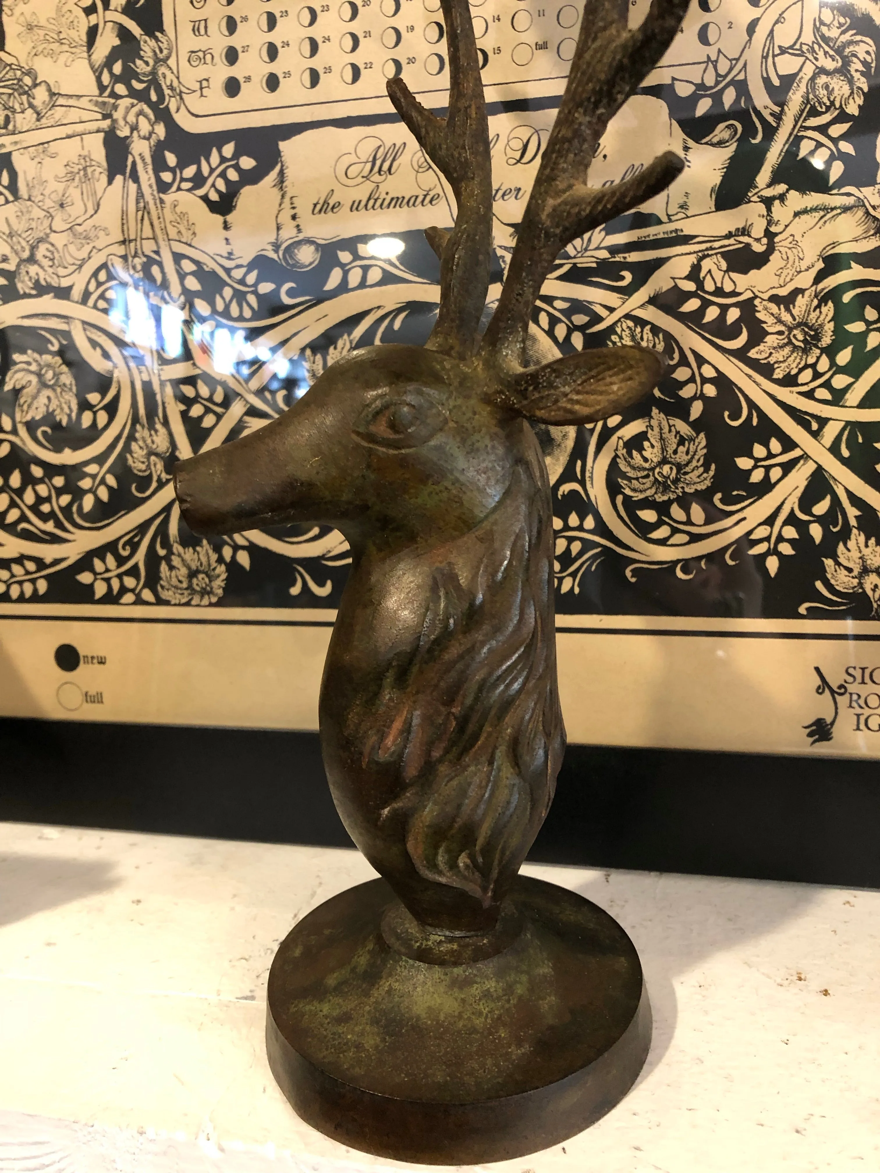Antique Aged Brass Deer Double Candlestick