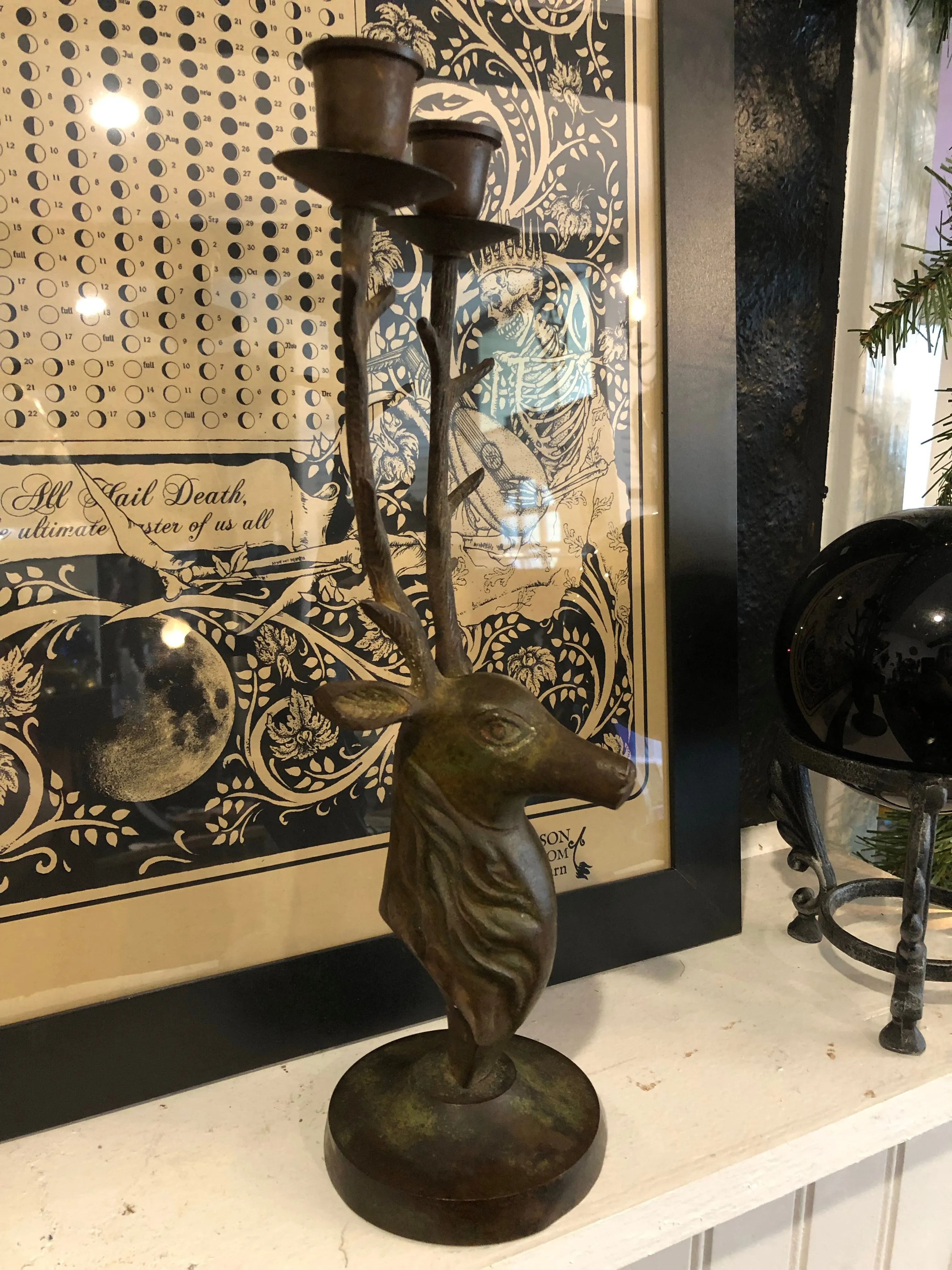 Antique Aged Brass Deer Double Candlestick
