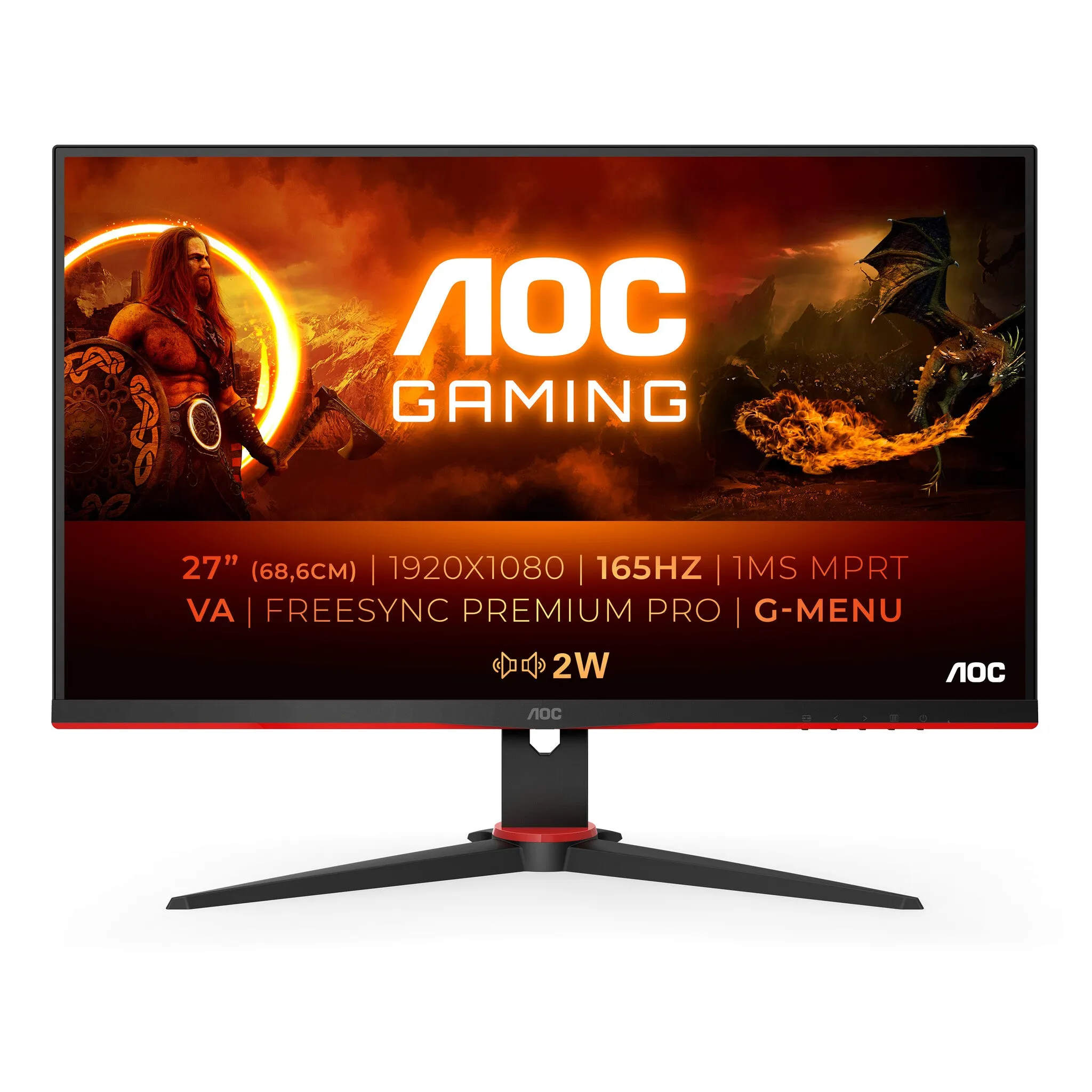 AOC 27G2SAE/BK 27" Full HD Gaming Monitor - 165Hz, 1ms, VA, AMD FreeSync Premium, Speakers, Black and Red