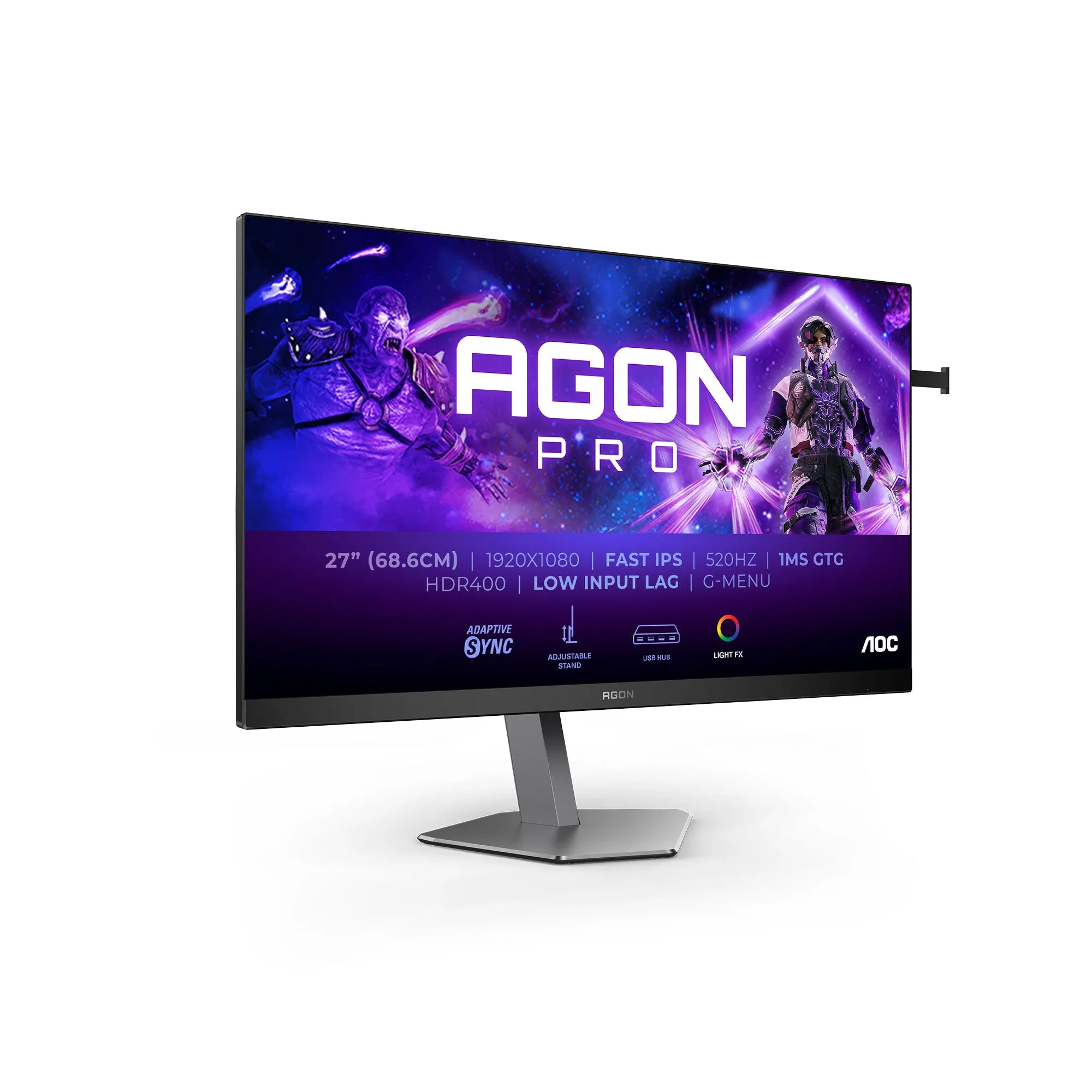 AOC AG276FK 27" Full HD Gaming Monitor - 520Hz, 0.5ms, Fast IPS, Adaptive Sync, Height Adjustable, Speakers, Black and Grey