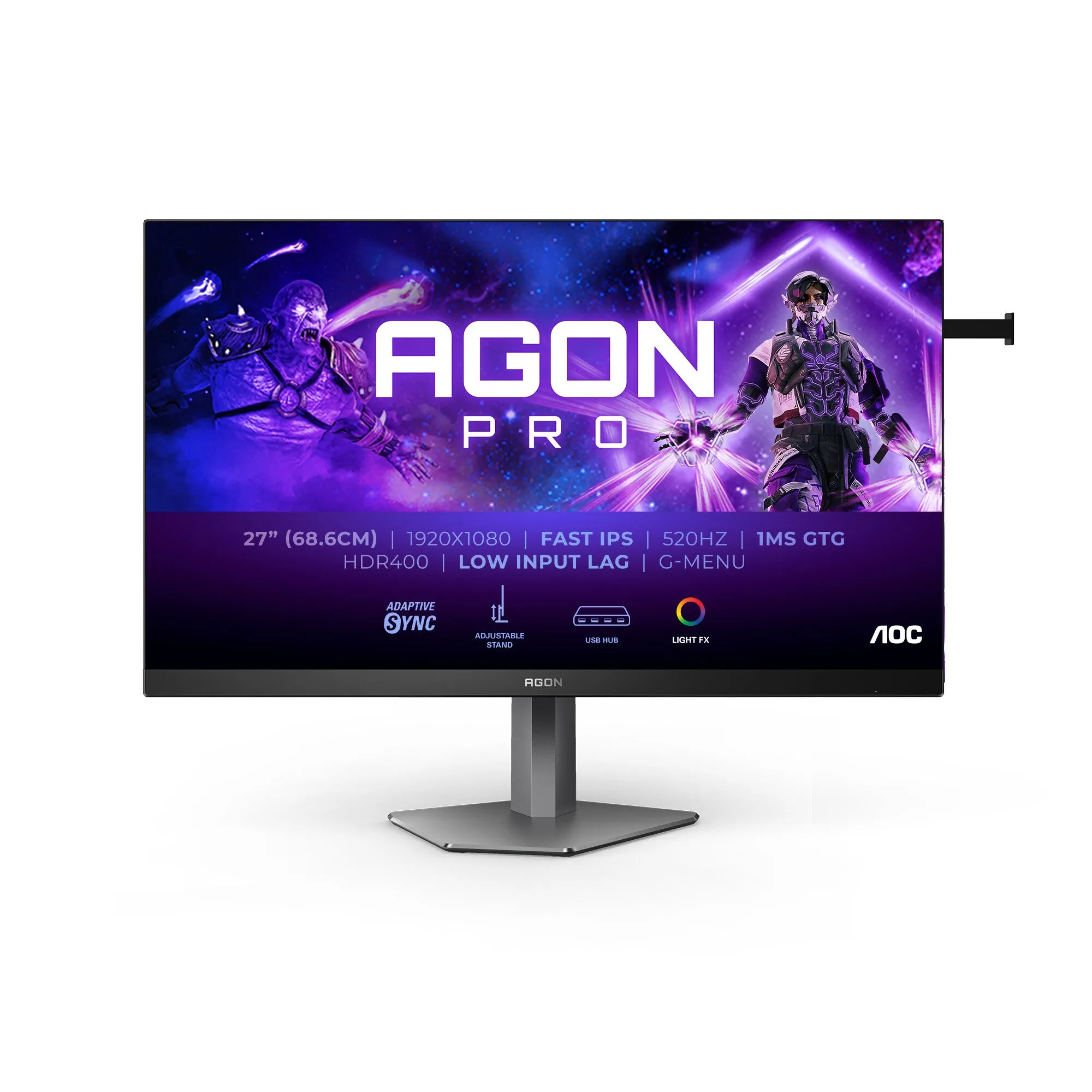 AOC AG276FK 27" Full HD Gaming Monitor - 520Hz, 0.5ms, Fast IPS, Adaptive Sync, Height Adjustable, Speakers, Black and Grey