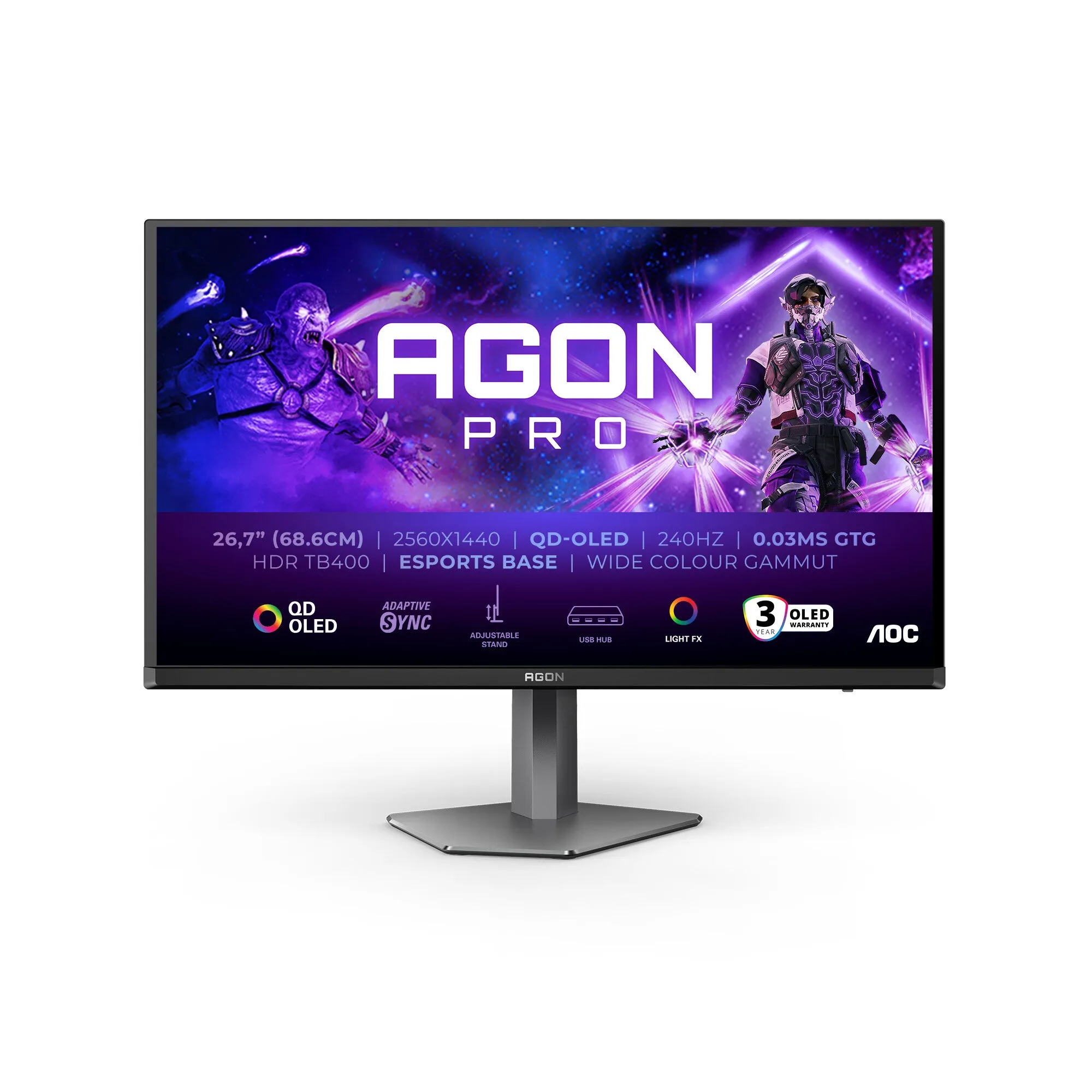 AOC AGON PRO AG276QZD2 26.7" Quad HD Gaming Monitor - 240Hz, 0.03ms, QD-OLED, AdaptiveSync, Height Adjustable, Speakers, Grey