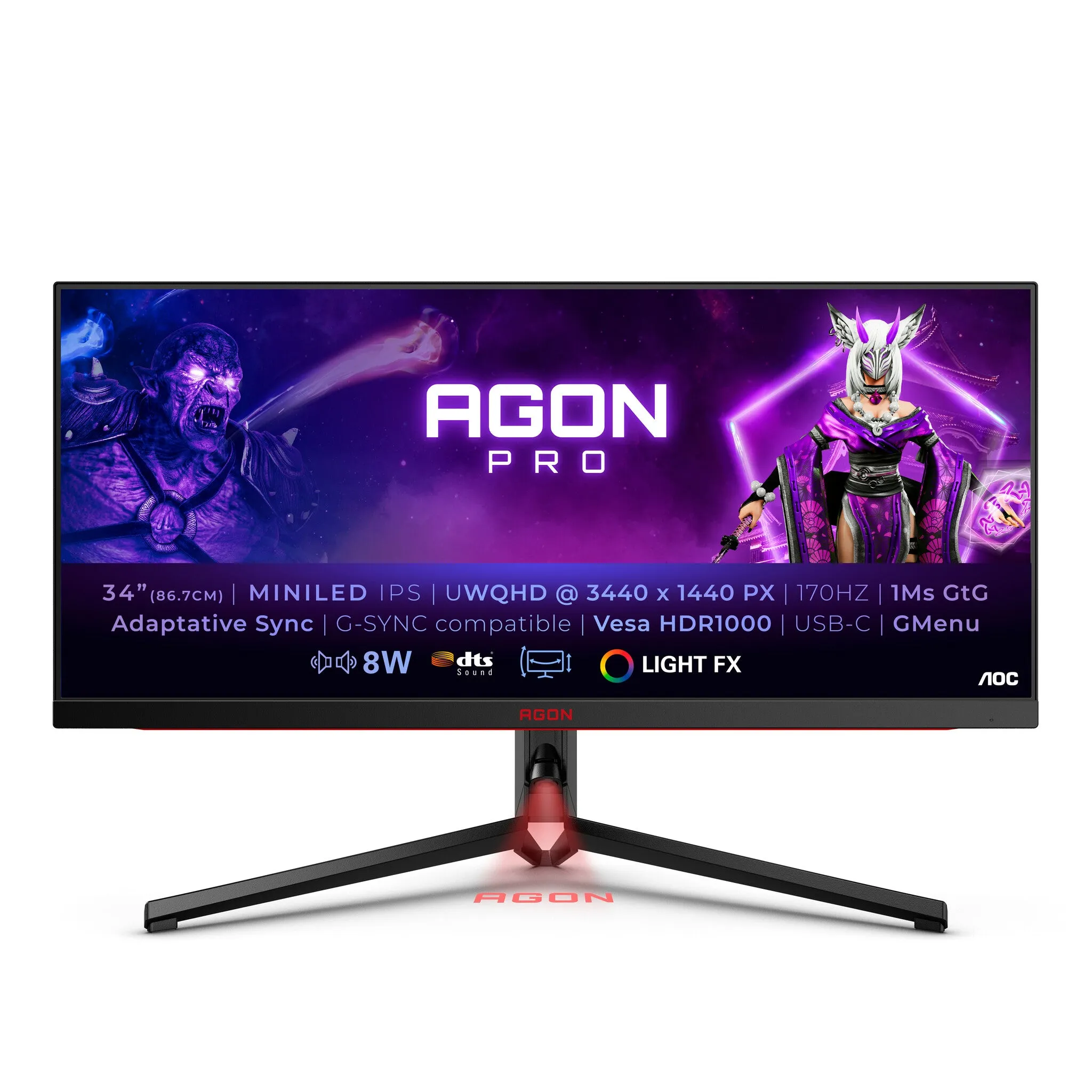 AOC AGON PRO AG344UXM 34" UltraWide Quad HD Gaming Monitor - 170Hz, 1ms, IPS, FreeSync Premium and G-SYNC Compatible, Height Adjustable, Speakers, Black and Red