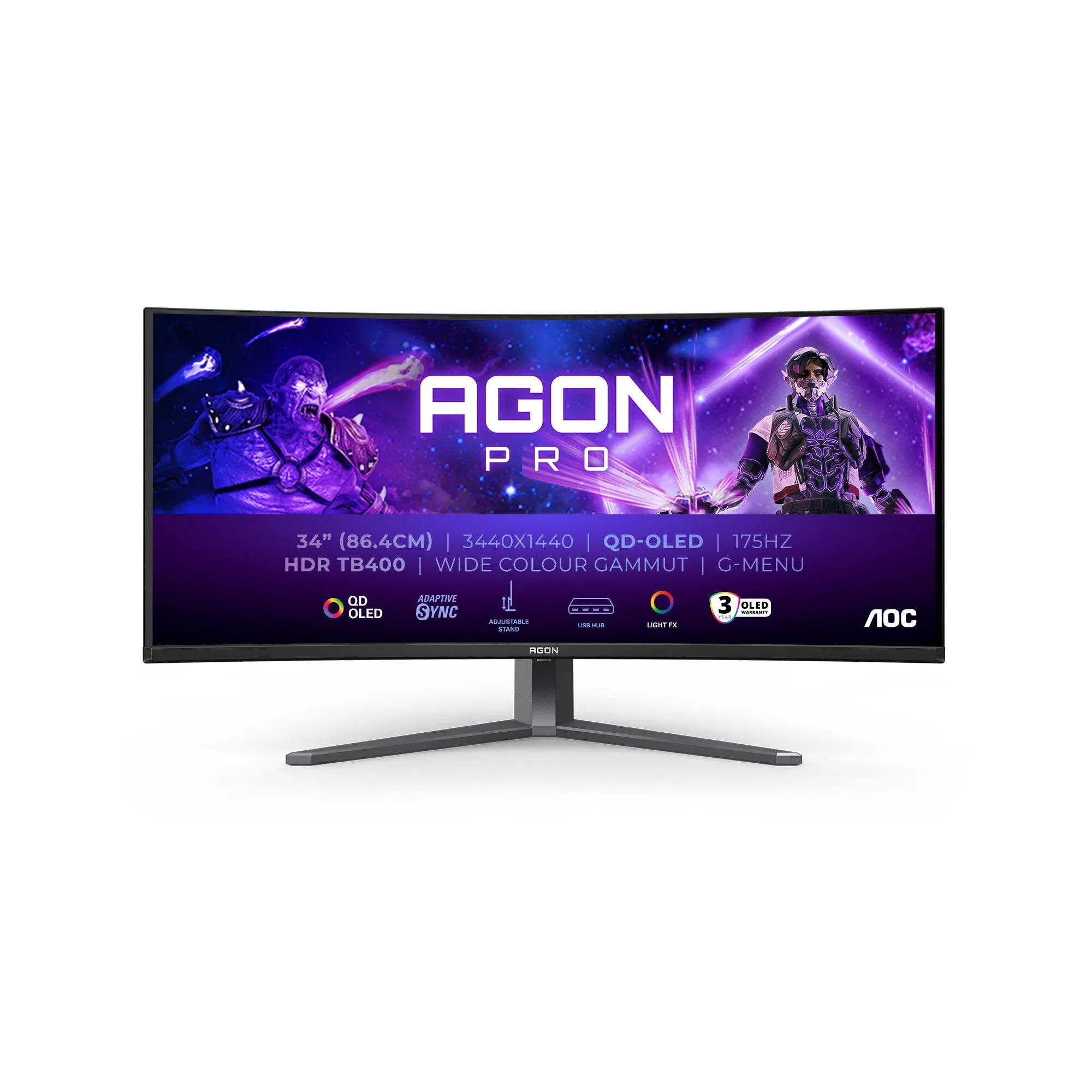 AOC AGON PRO AG346UCD 34" Wide Quad HD Curved Gaming Monitor - 175Hz, 0.03ms, QD-OLED, Adaptive Sync, Height Adjustable, Speakers, Black and Grey
