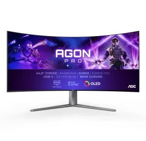 AOC AGON PRO AG456UCZD 45" Wide Quad HD Curved Gaming Monitor - 240Hz, 0.03ms, OLED, G-SYNC Compatible, Height Adjustable, Speakers, Black