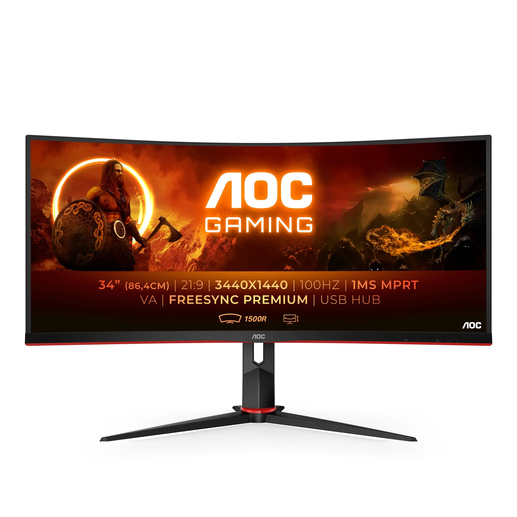 AOC G2 CU34G2/BK 34" Quad HD Curved Gaming Monitor - 100Hz, 1ms, VA, Adaptive Sync, Height Adjustable, Speakers, Black and Red
