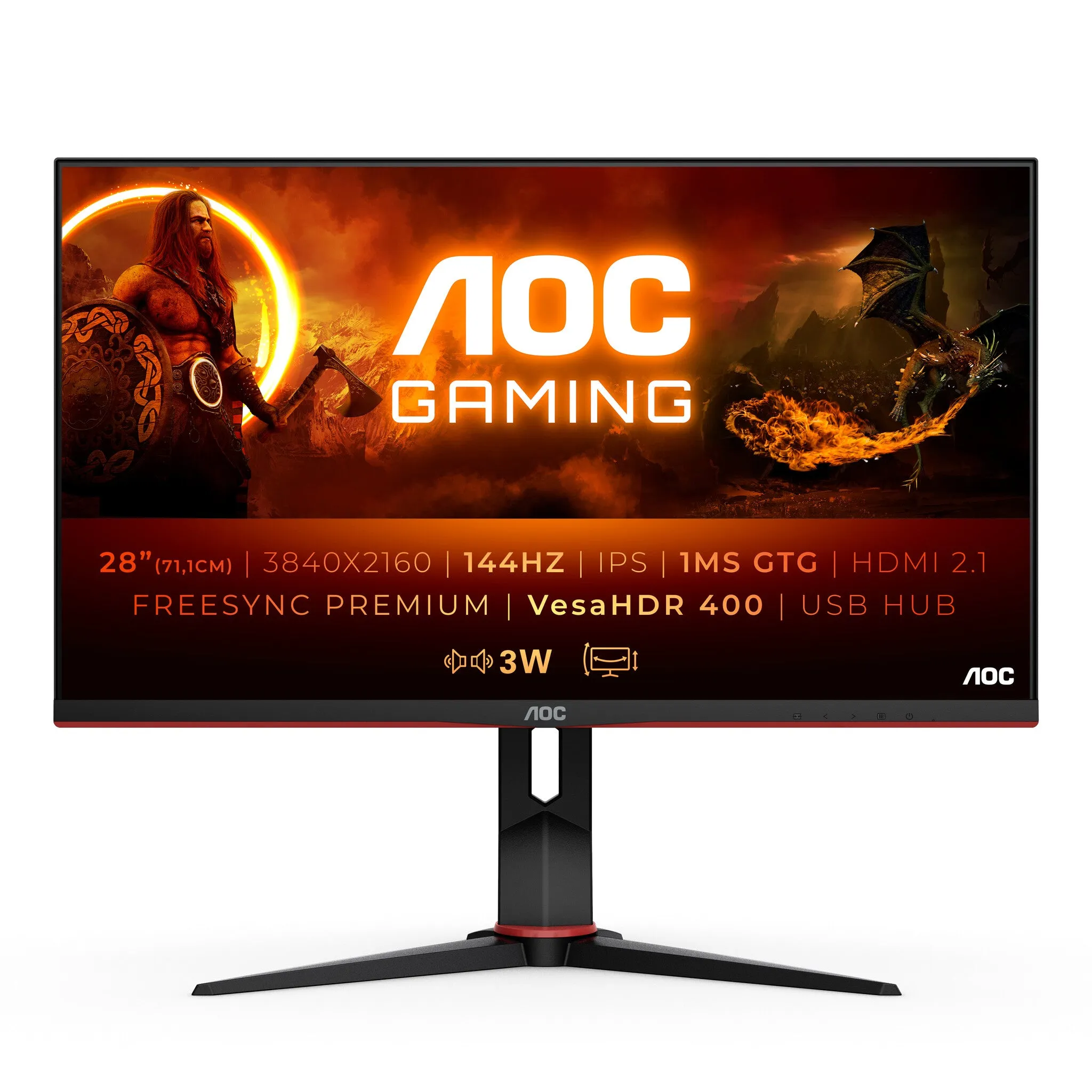 AOC G2U28G2XU2/BK 28" 4K Ultra HD Gaming Monitor - 144Hz, 1ms, IPS, G-Sync, FreeSync, Height Adjustable, Speakers, Black and Red