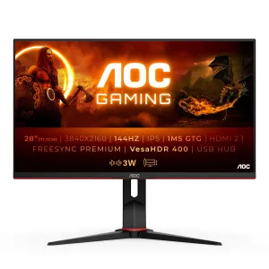 AOC G2U28G2XU2/BK 28" 4K Ultra HD Gaming Monitor - 144Hz, 1ms, IPS, G-Sync, FreeSync, Height Adjustable, Speakers, Black and Red