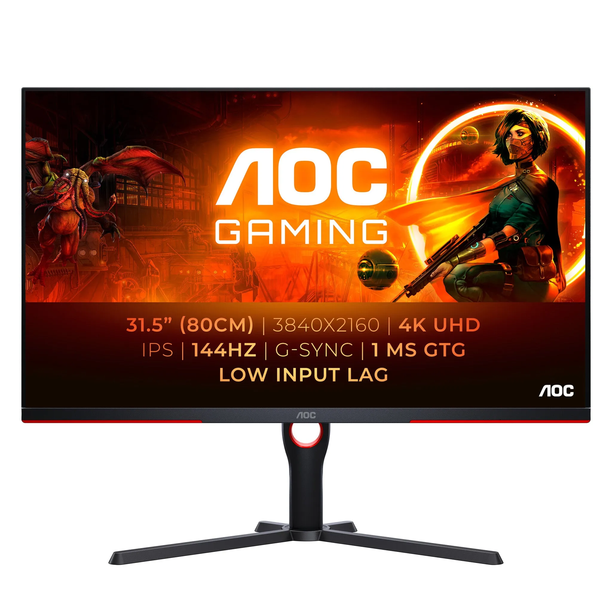 AOC G3 U32G3X/BK 31.5" 4K Ultra HD Gaming Monitor - 144Hz, 1ms, IPS, G-Sync, Height Adjustable, Speakers, Black and Red