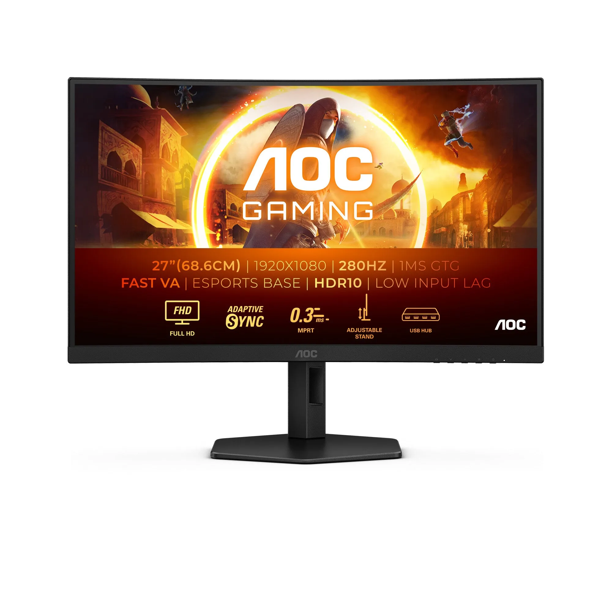 AOC G4 C27G4ZXU 27" Full HD Curved Gaming Monitor - 280Hz, 0.3ms, Fast VA, Adaptive Sync, Height Adjustable, Speakers, Black