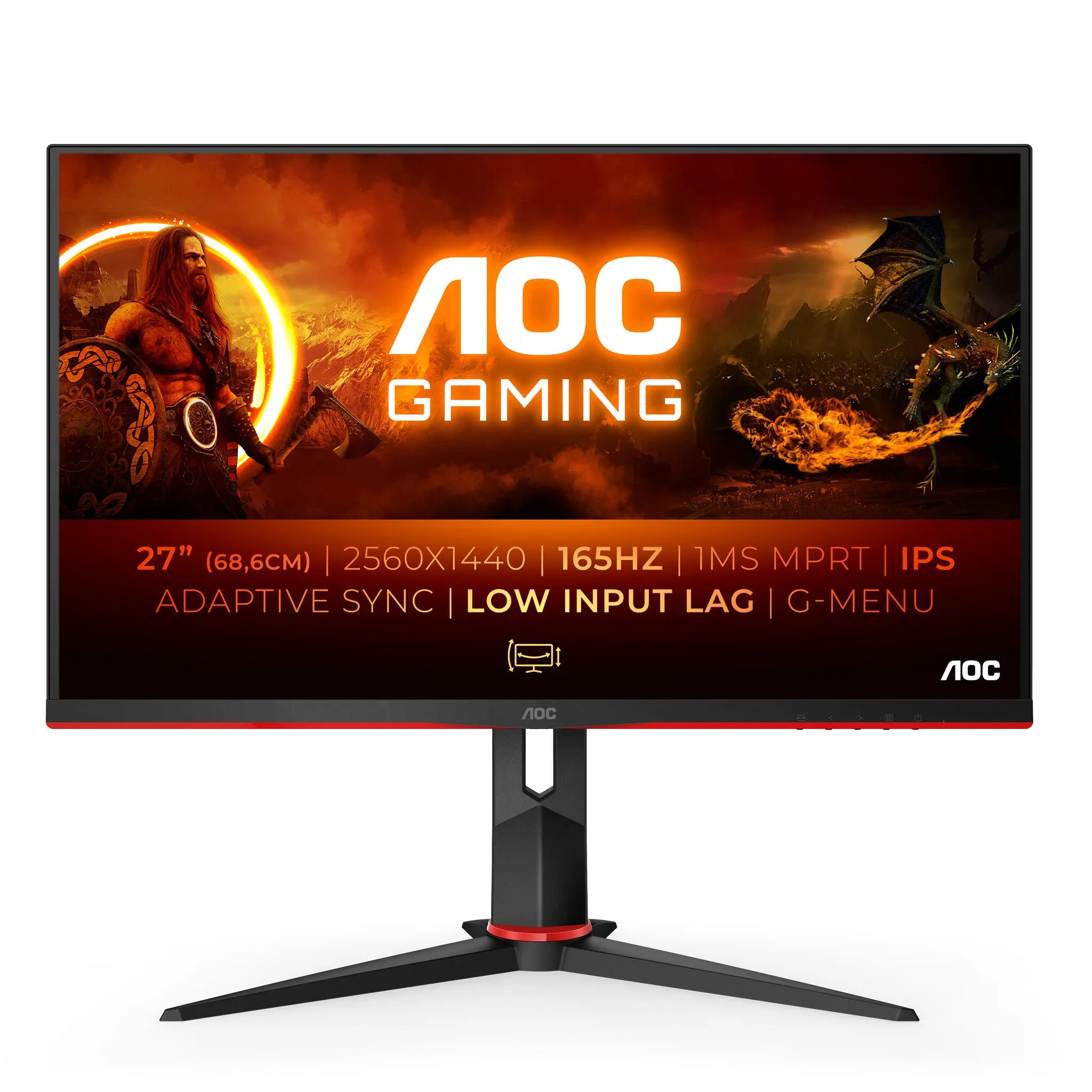 AOC Q27G2S/EU 27" Quad HD Gaming Monitor - 165Hz, 1ms, IPS, G-Sync Compatible, Height Adjustable, Speakers, Black and Red
