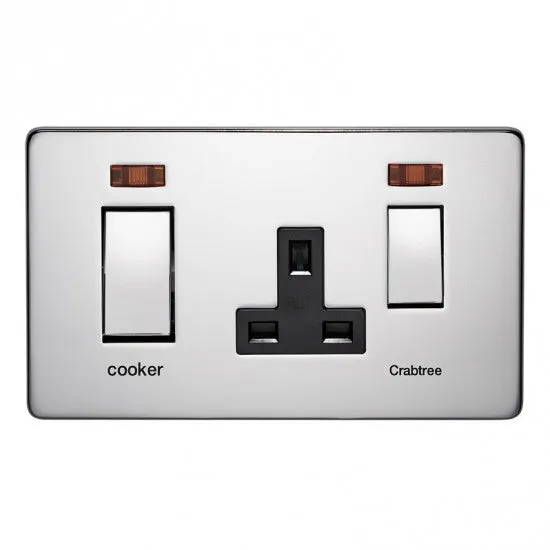 Crabtree Platinum 7521/3HPC 45A DP Switch   Socket with Neon Highly Polished Chrome