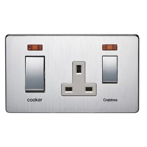 Crabtree Platinum 7521/3SC 45A DP Switch   Socket Satin with Neon Chrome