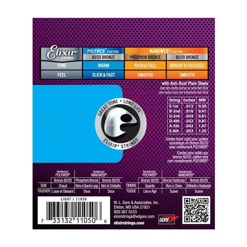 Elixir 11050 - Polyweb Acoustic 80/20 Light 12-53 Guitar Strings
