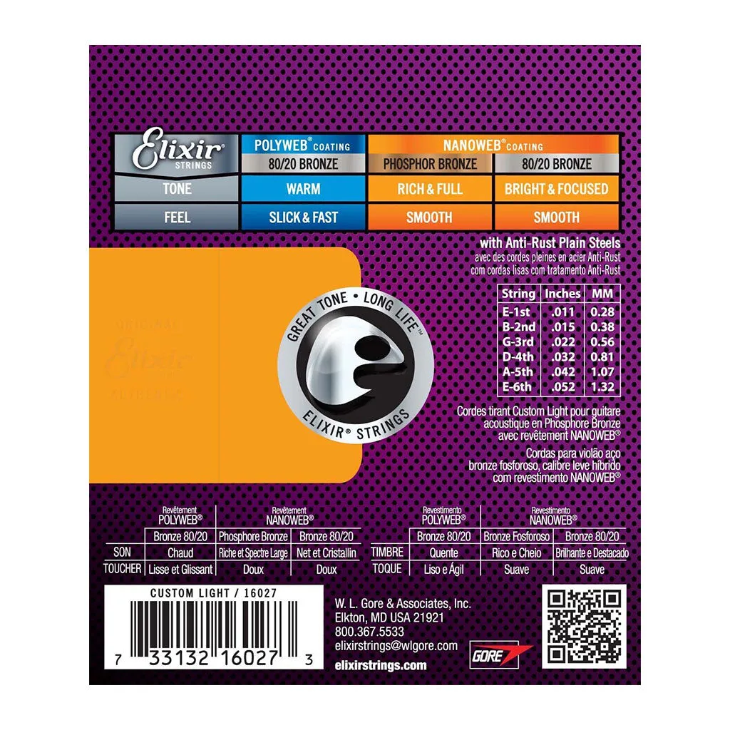 Elixir 16027 Nanoweb Phosphor Bronze Custom Light 11-52