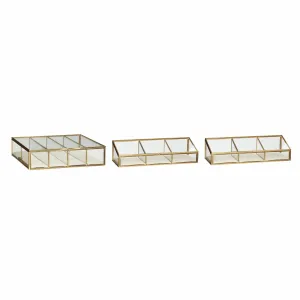 Hübsch Ecru Glass Box Glass/Canvas/Metal Clear/Beige/Brass S/3