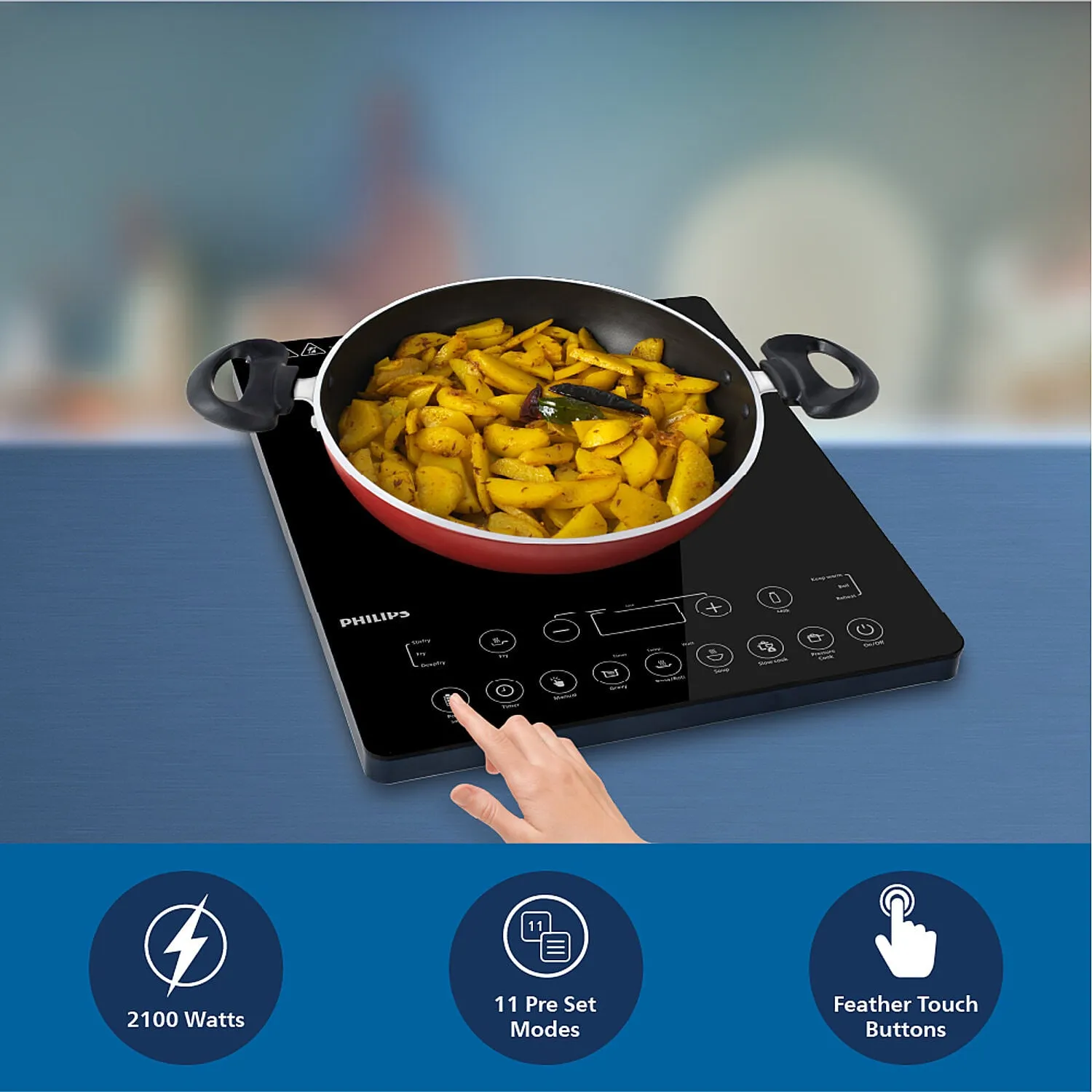 Philips 2100W Induction Cooktop with Triple MOV for 4kW surge protection and feather touch control - HD4995/00
