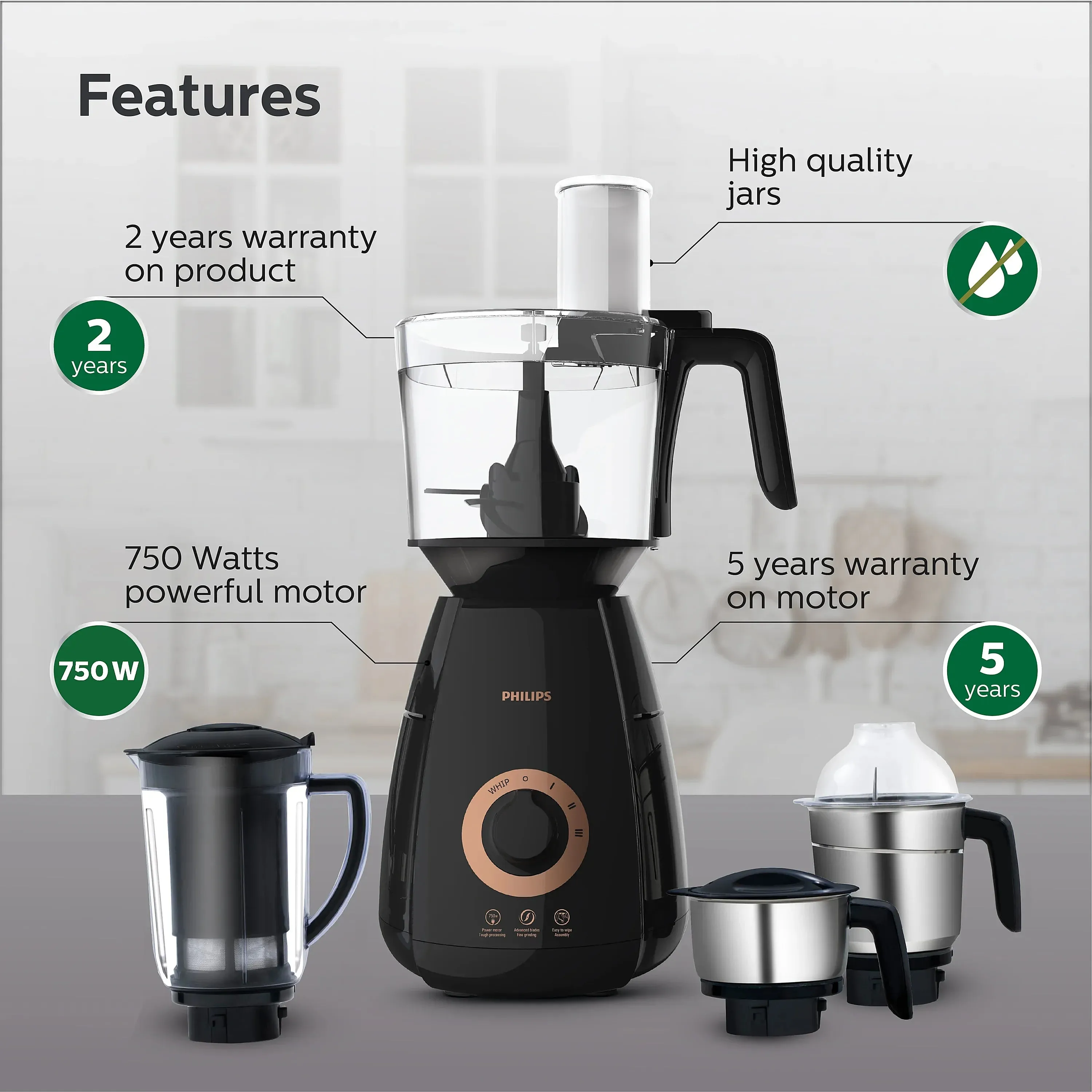 Philips 750 Watt Mixer Grinder with Food Processor Jar - HL7707/01