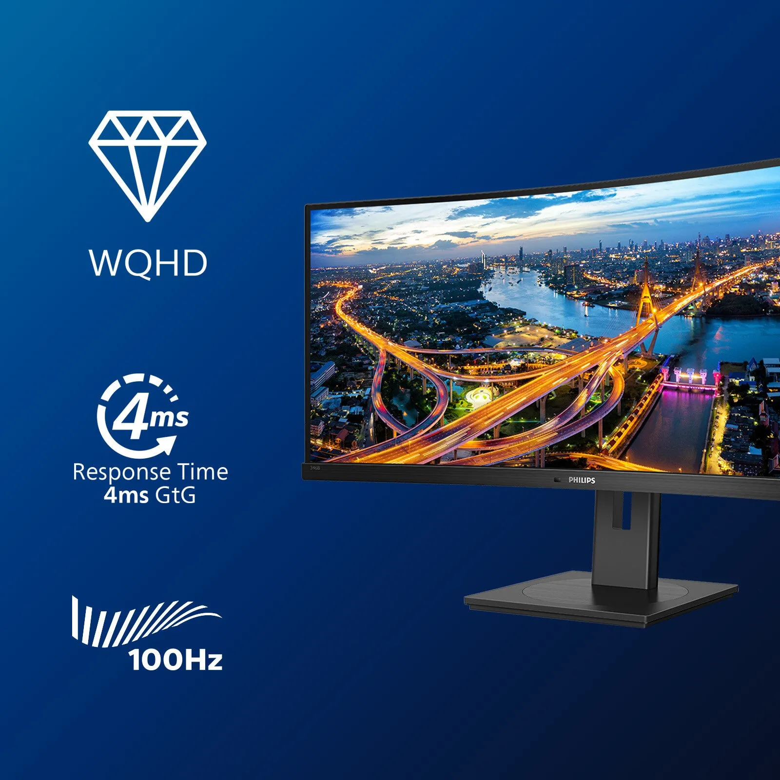 Philips B Line 346B1C/00 34" Quad HD Curved Monitor - 100Hz, 4ms, VA, Adaptive-Sync, Height Adjustable, Speakers, Black