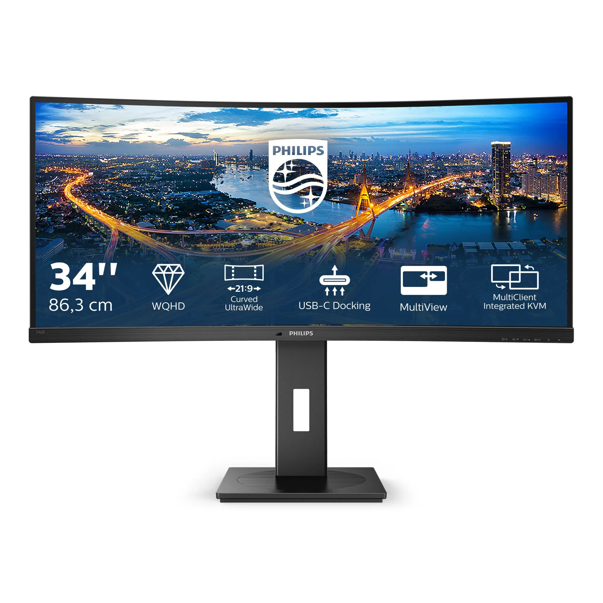 Philips B Line 346B1C/00 34" Quad HD Curved Monitor - 100Hz, 4ms, VA, Adaptive-Sync, Height Adjustable, Speakers, Black