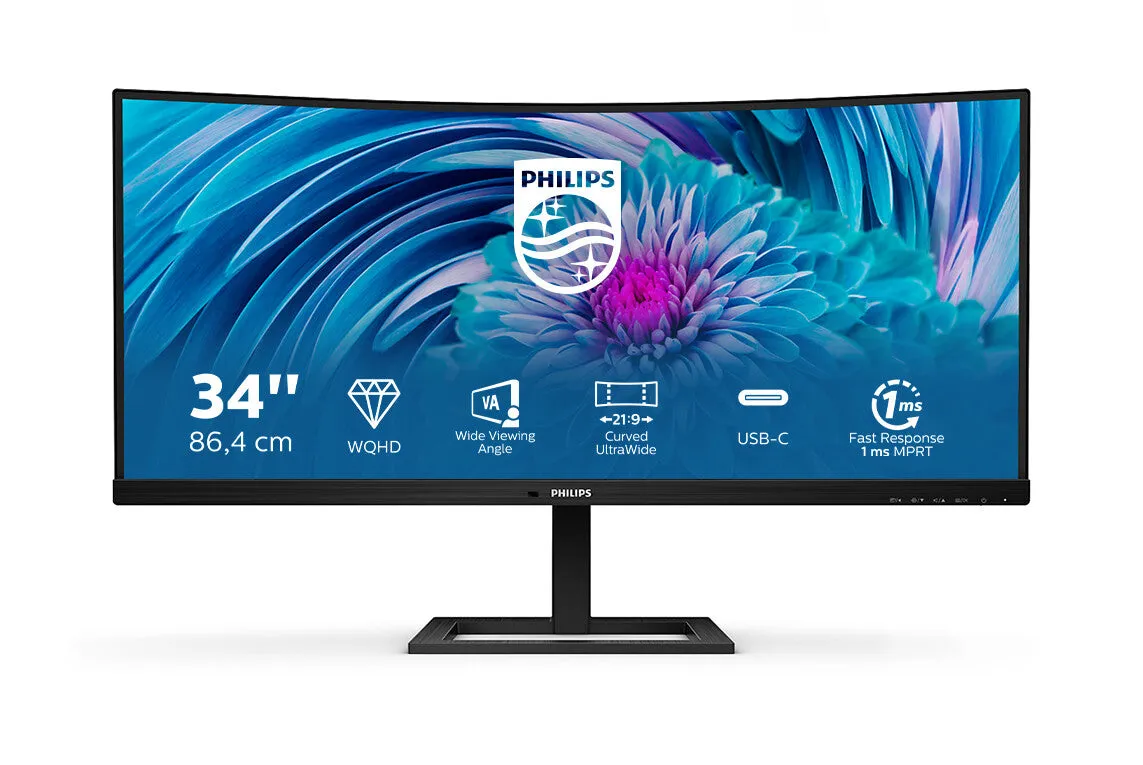 Philips E Line 346E2CUAE/00 34" Wide Quad HD  Curved Gaming Monitor - 100Hz, 4ms, VA, AMD FreeSync, Height Adjustable, Speakers, Black