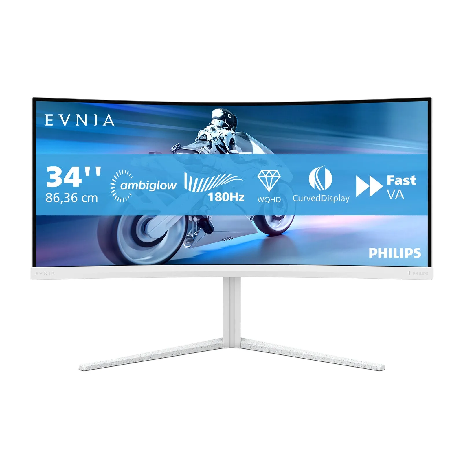 Philips Evnia 34M2C5501A/00 34" Wide Quad HD Curved Gaming Monitor - 180Hz, 1ms, VA, AMD FreeSync, Height Adjustable, Speakers, White