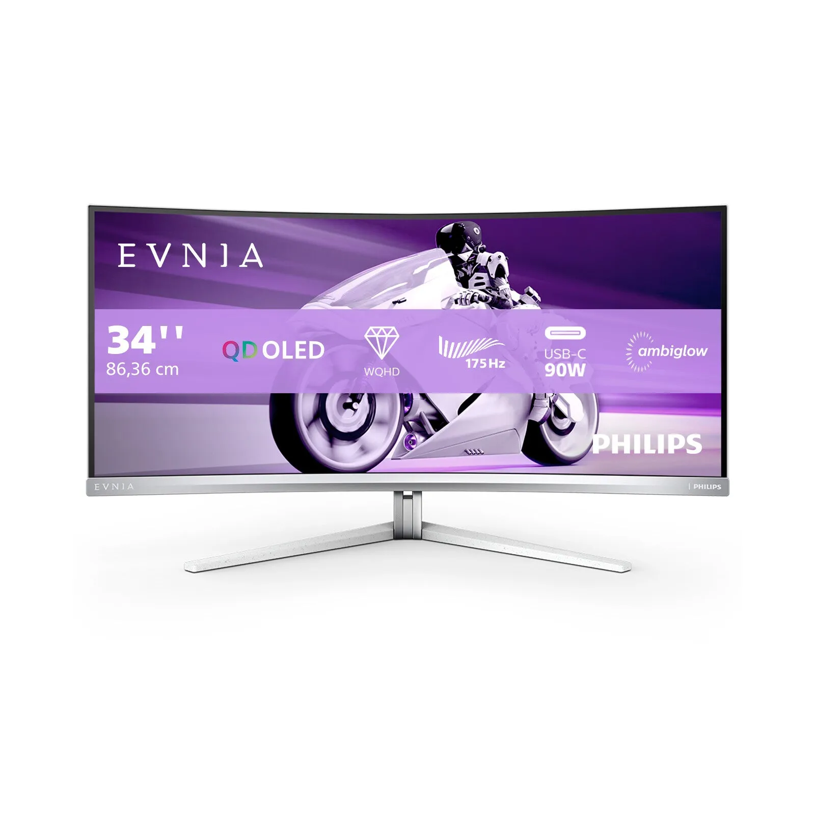 Philips Evnia 34M2C8600/00 34" Wide Quad HD Curved Gaming Monitor - 0.03ms, OLED, AMD FreeSync, Height Adjustable, Speakers, White
