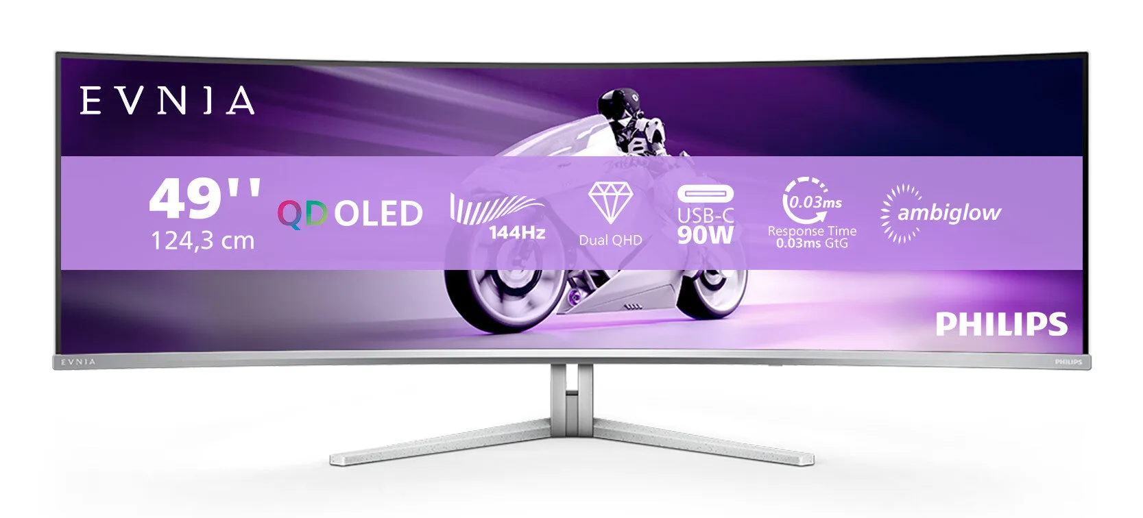 Philips Evnia 49M2C8900L/00 48.9" Dual QHD Curved Gaming Monitor - 144Hz, 0.03ms, OLED, AMD FreeSync, Height Adjustable, Speakers, White