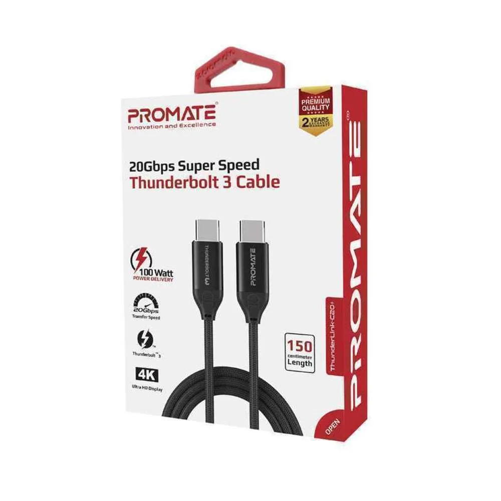 Promate 100W USB-C Thunderbolt 3 Cable 20Gbps 5K Video 1.5Meter