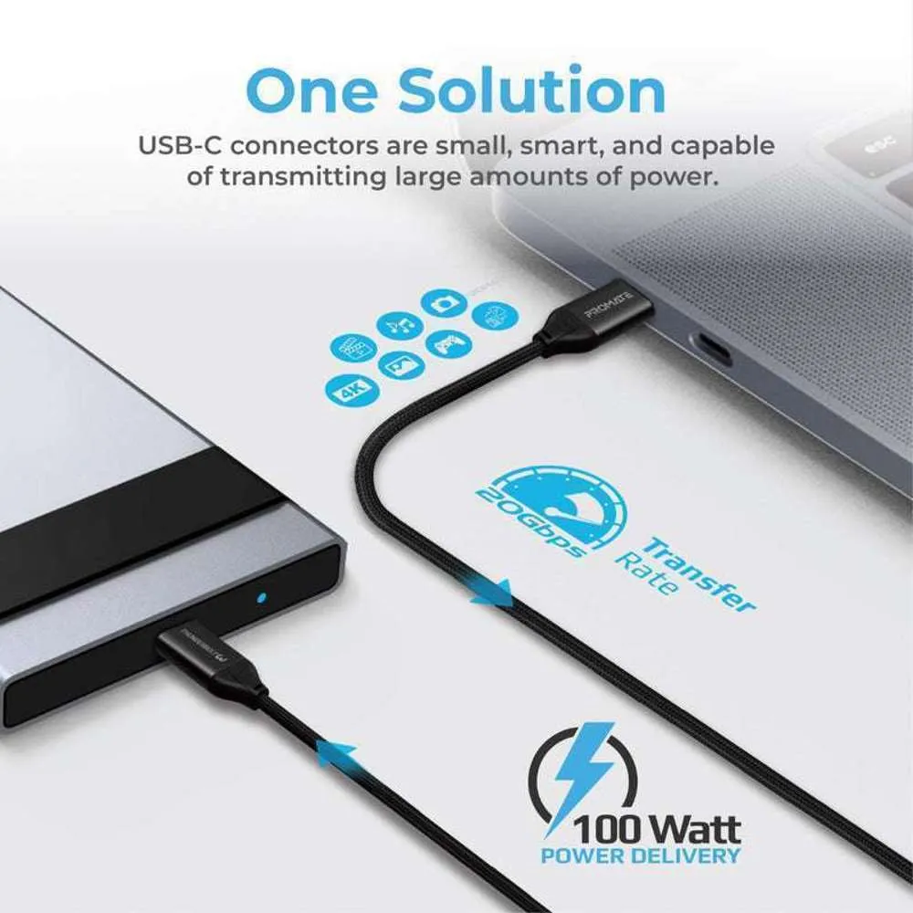 Promate 100W USB-C Thunderbolt 3 Cable 20Gbps 5K Video 1.5Meter