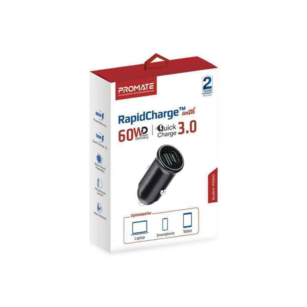 Promate Ultra-Mini Car Charger 60W Power Delivery QC3.0