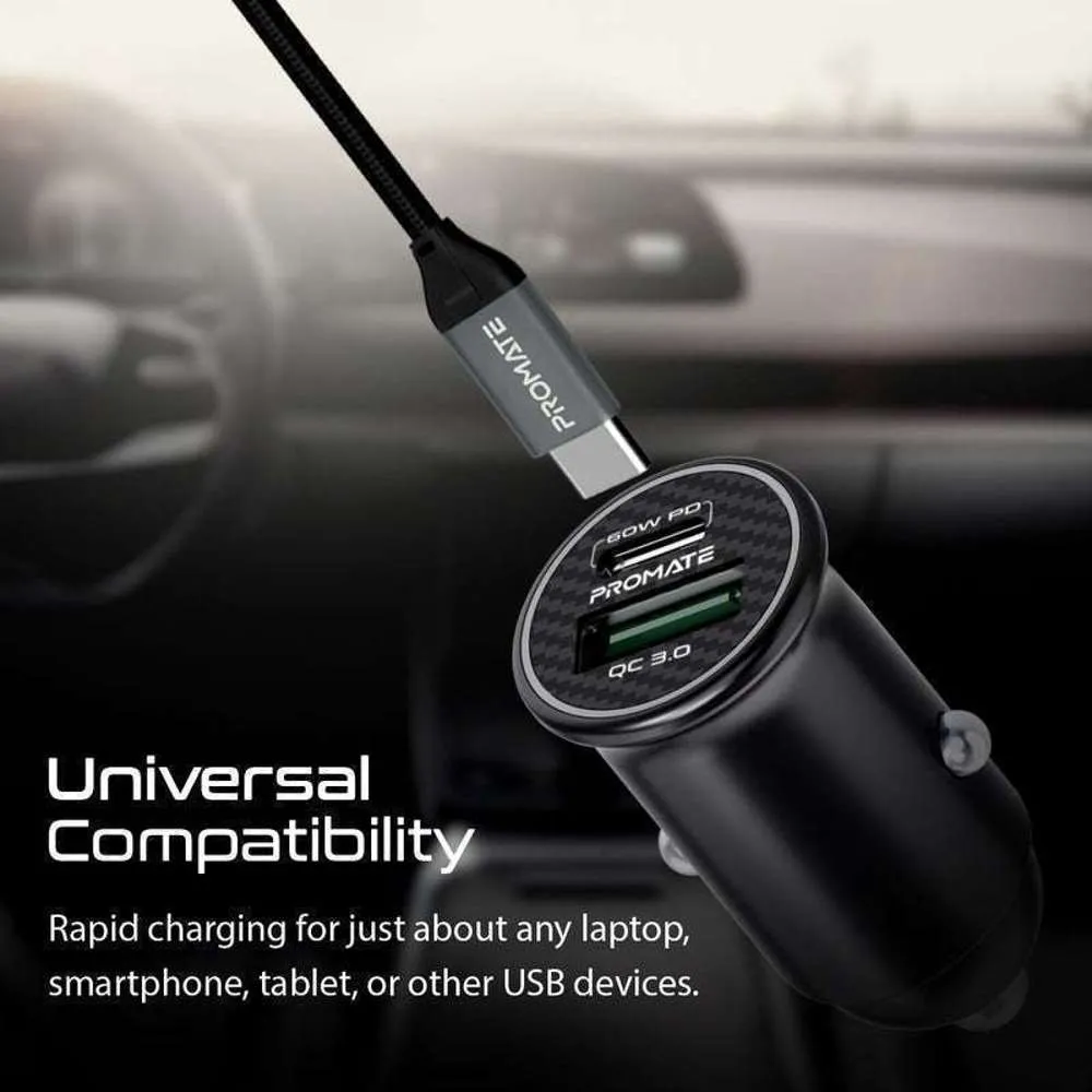 Promate Ultra-Mini Car Charger 60W Power Delivery QC3.0